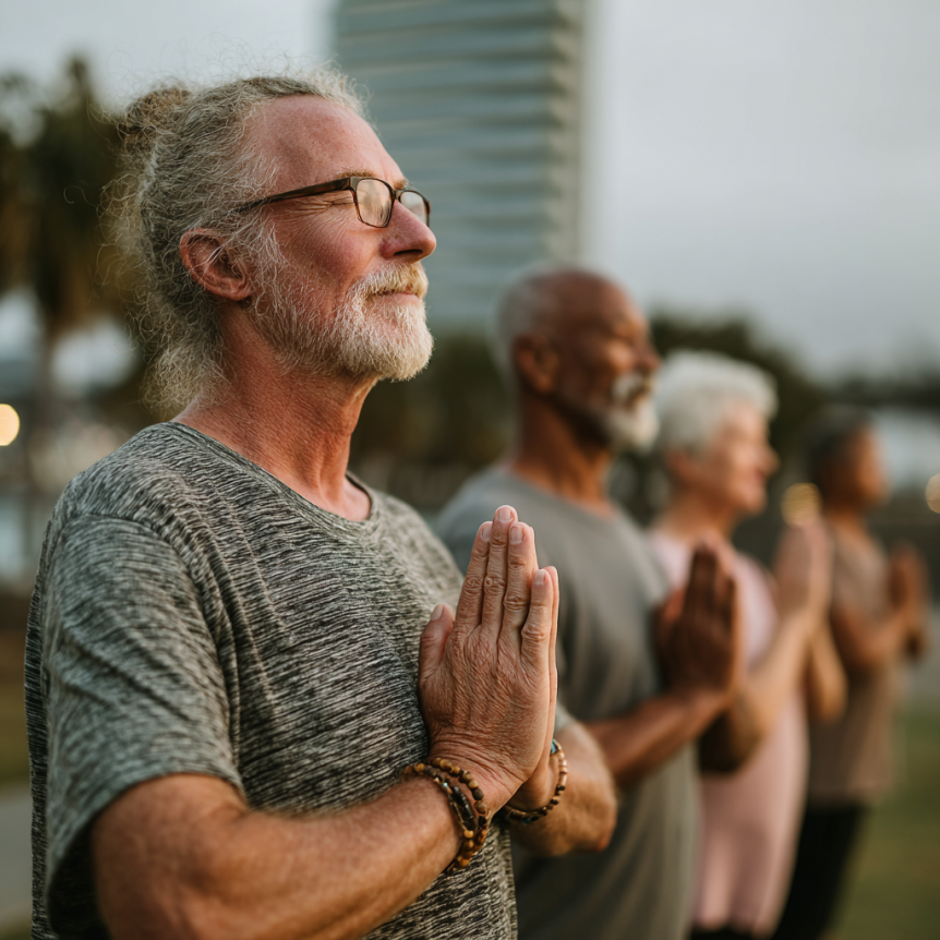 Възрастни хора правят йога